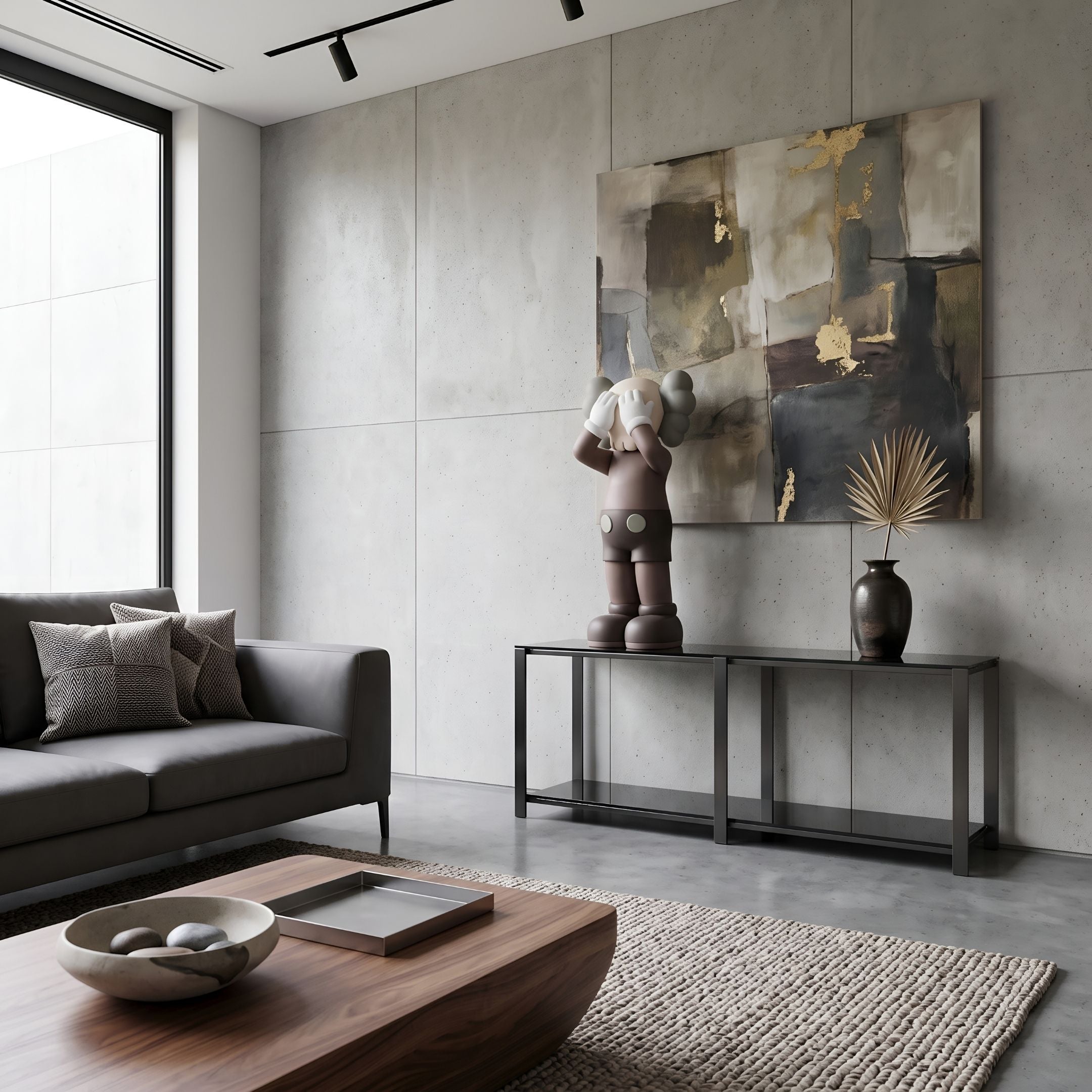 Hazelnut Brown Iconify Silent Cry Sculpture, 91cm, resin figure with hands covering its face, displayed on a console table beneath abstract wall art in a living room.