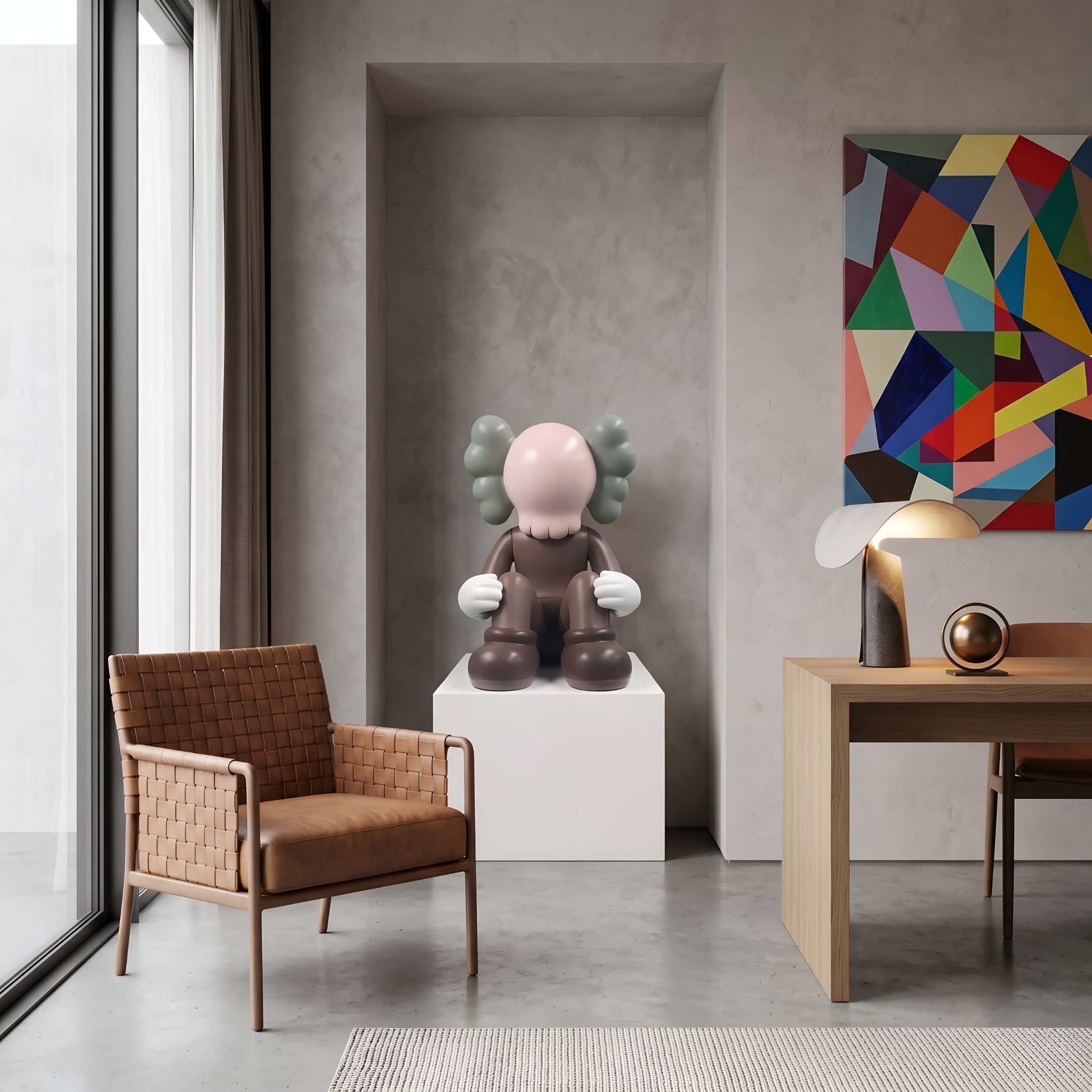 Hazelnut Brown Iconify Thinker Sitting Sculpture, 92cm, on a white plinth in a modern room with a leather armchair and wooden desk.