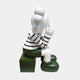 Right side view of the Forest Green Iconify Mime Sitting Sculpture - 135cm, showing the oversized forest green boots, striped sleeves and forest green block base.