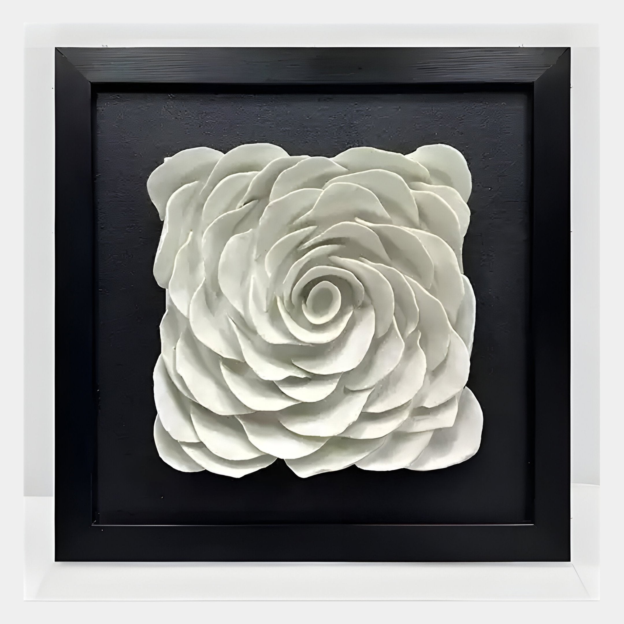 The Harmonia 3D Ceramic Rose Sculpture by Giant Sculptures features layered white petals in a spiral rose pattern, set on a black background within an elegant frame and acrylic box, creating a striking floral art display.
