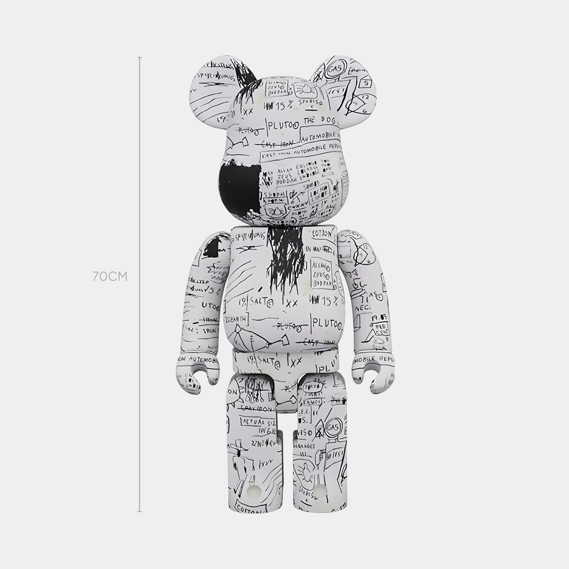 The Inkstorm Study Bear Sculpture - 70cm by Giant Sculptures features a white surface adorned with black, hand-drawn sketches and text, showcasing designer-toy craftsmanship as it stands upright against a plain light background.