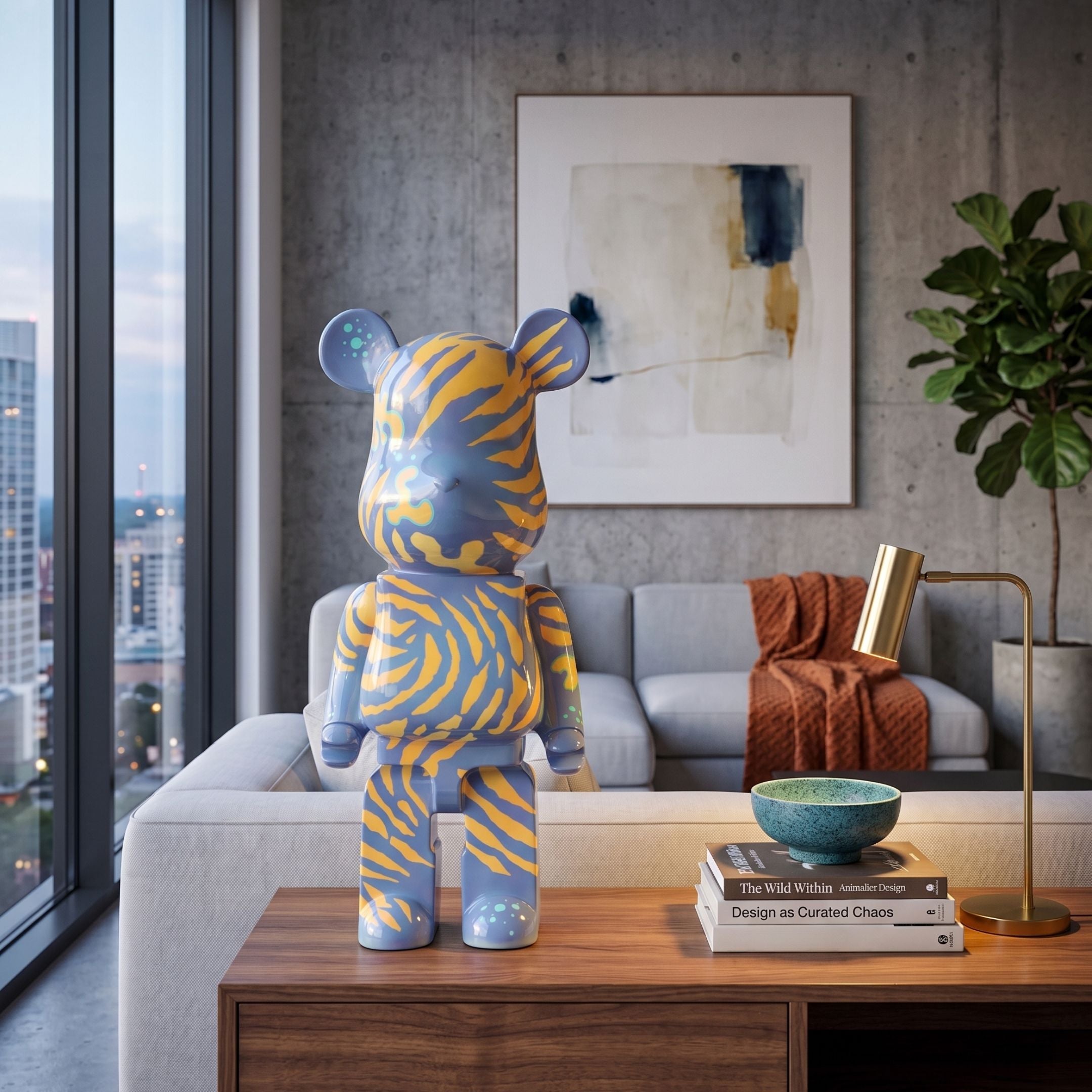 Inside Appears Outside 2 Bear Sculpture - 50cm, blue bear with yellow-orange tiger stripes, displayed on a wood console in a living room with grey sofa and abstract wall art.