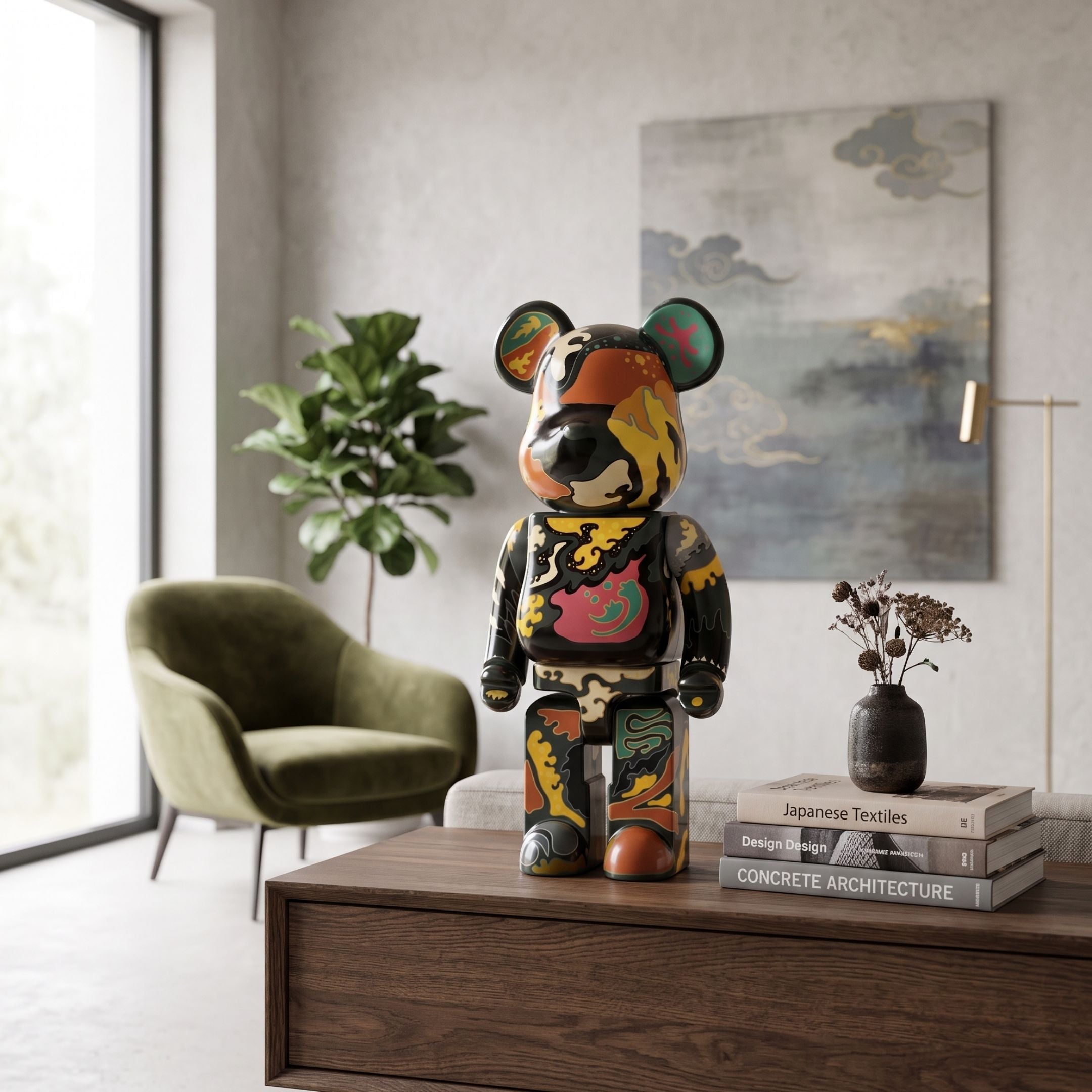 Inside Appears Outside Bear Sculpture - 50cm, a multicoloured resin bear figure with swirling yellow, orange, green, pink, and black patterns, displayed on a wooden console beside books and a vase in a living room.