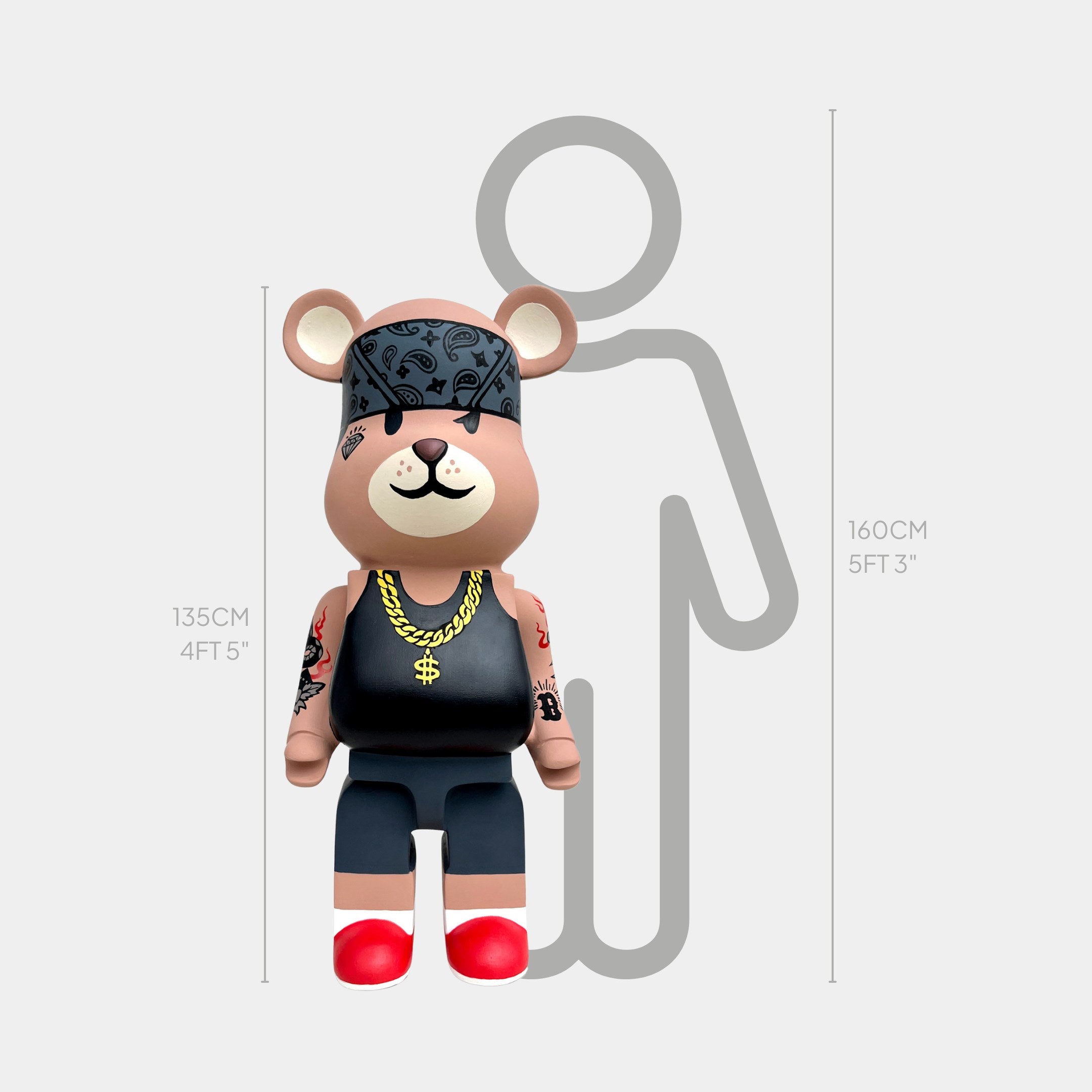 The Iron Paw Bear Sculpture - 135cm by Giant Sculptures depicts a cartoon bear with tattoos, gold chain, black tank top, shorts, and red shoes, standing before a height chart beside a gray human outline.
