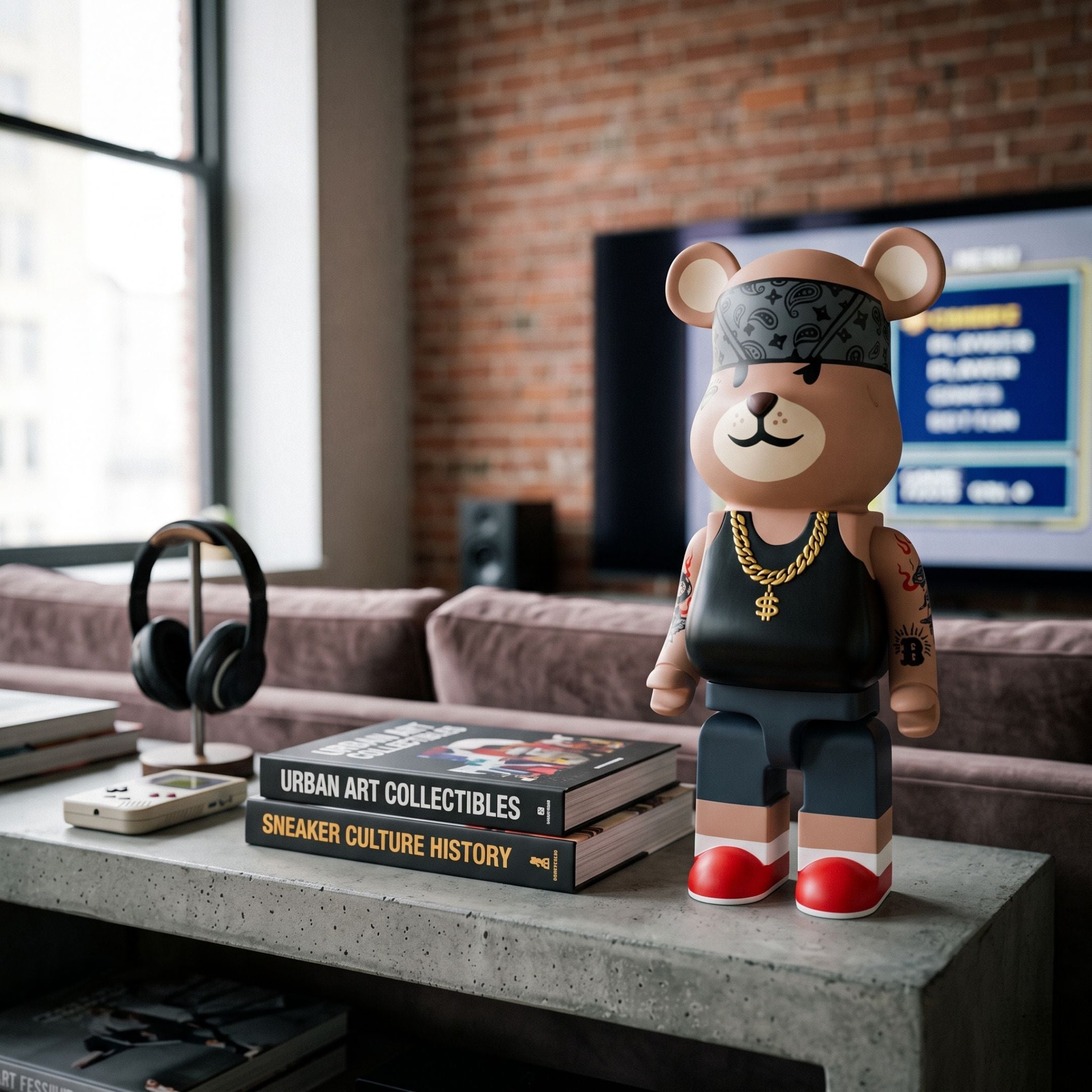 Iron Paw Bear Sculpture (50cm) by Giant Sculptures, styled in a bandana, gold chain, and red hi-tops, displayed on a console table in a living room with books and a TV.