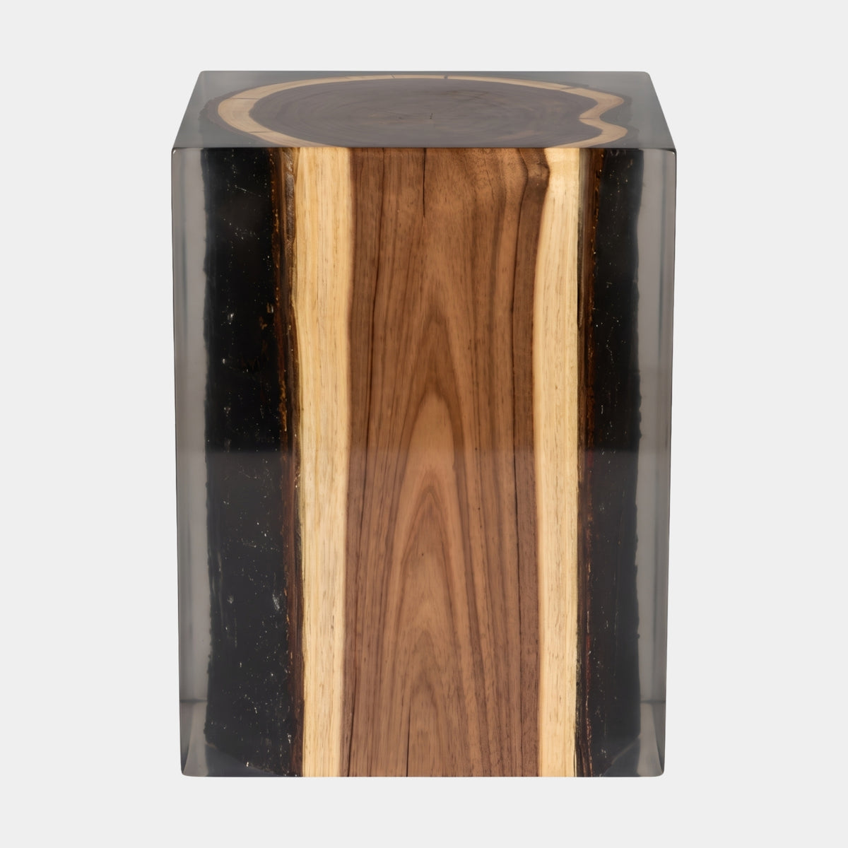 Black Smoked Timber Log Resin Sculpture, 40cm, showing a tree trunk section with pale sapwood stripes and dark heartwood in smoked grey resin, on a plain white background.