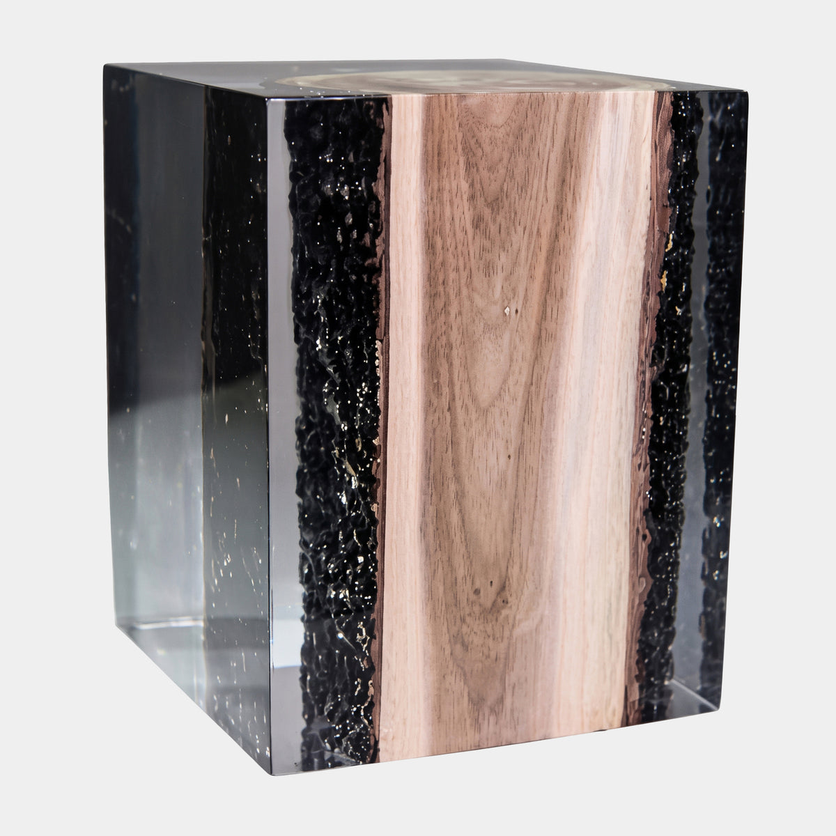 Clear Pale Heartwood Log Resin Sculpture, 45cm, with pale cream timber and black bark edges encased in clear polished resin, shown against a plain white background.