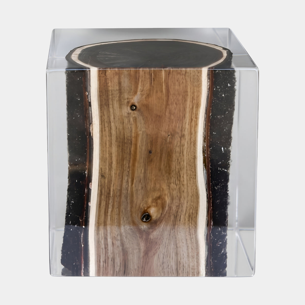 Clear Knotted Heartwood Log Resin Sculpture - 40cm, encased wood block with honey heartwood, two knots, black bark edges, set against a plain white background.