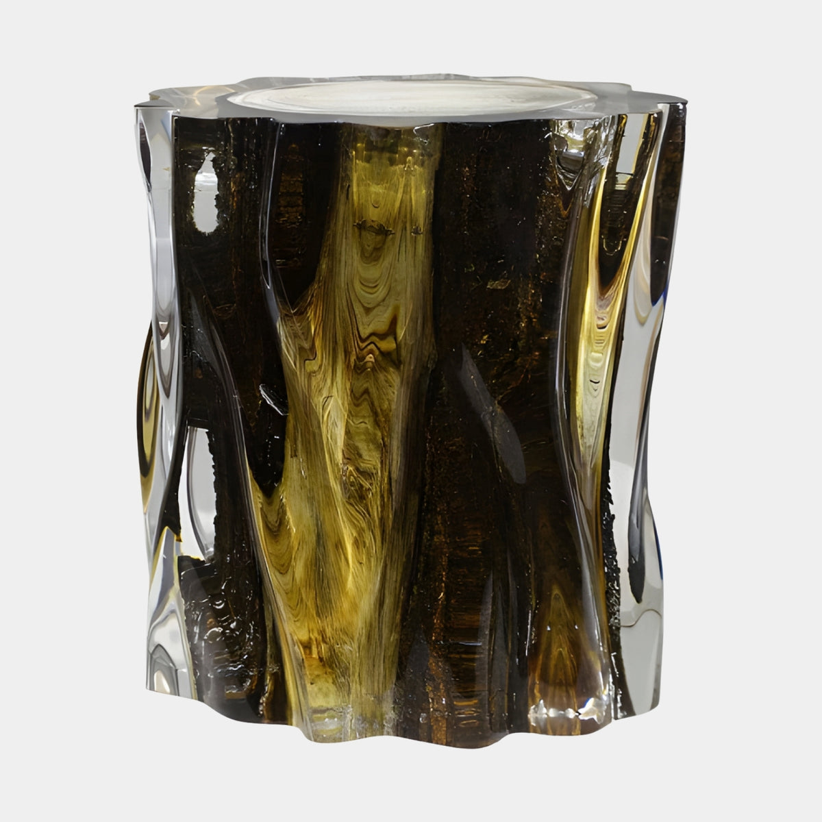 Amber & Black Cast Stump Stool - 45cm, resin stump stool with fluted lobed profile and amber-black vertical bands, pale sawn top, on a plain white background.
