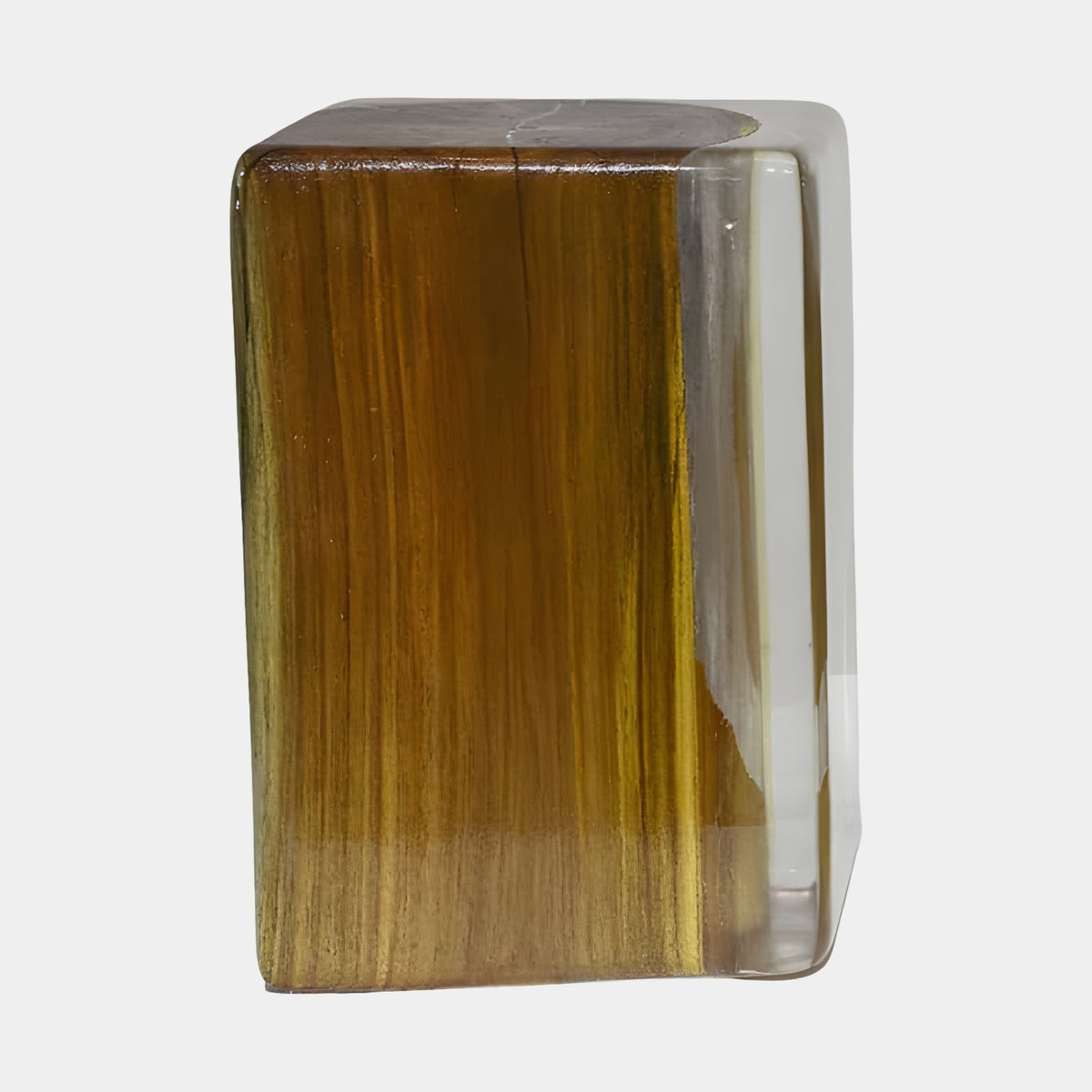 Golden Striped Timber Block Resin Side Table (45cm) with vertical golden-brown and chocolate wood grain, clear resin edge along one side, shown on a plain white background.