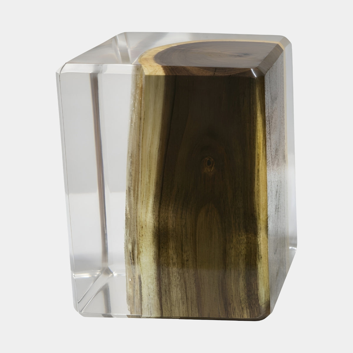 Olive Figured Timber Block Resin Side Table, 45cm, with olive-green and brown wood grain set off-centre in a clear resin casting, shown against a plain white background.
