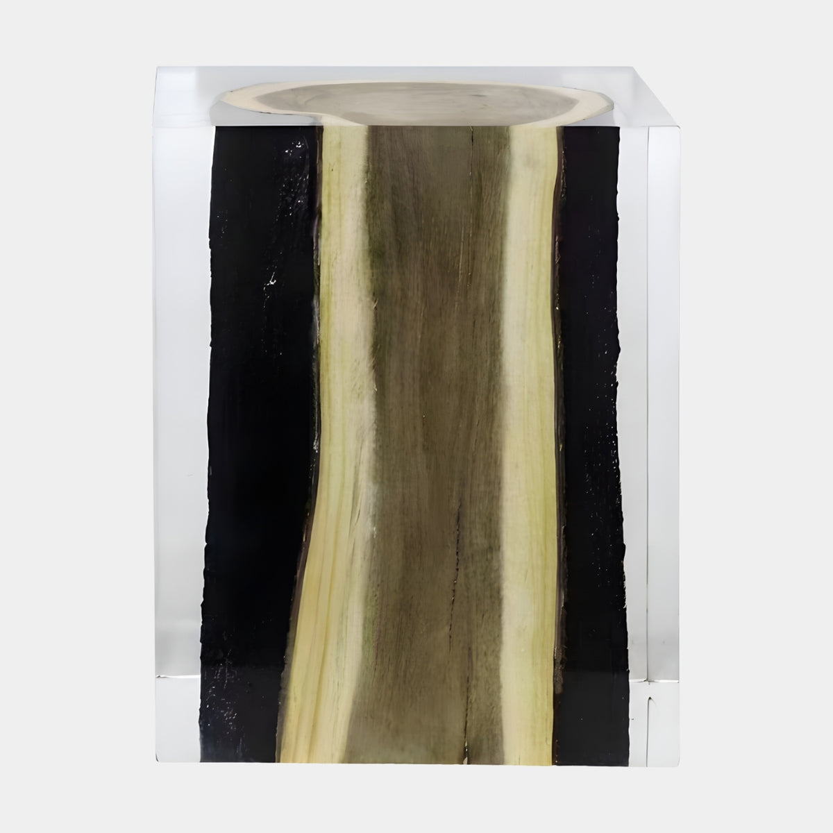 Black Bark & Pale Sapwood Resin Block - 45cm, a split log with cream sapwood and dark heartwood stripe, black bark edges cased in clear resin, on a plain white background.