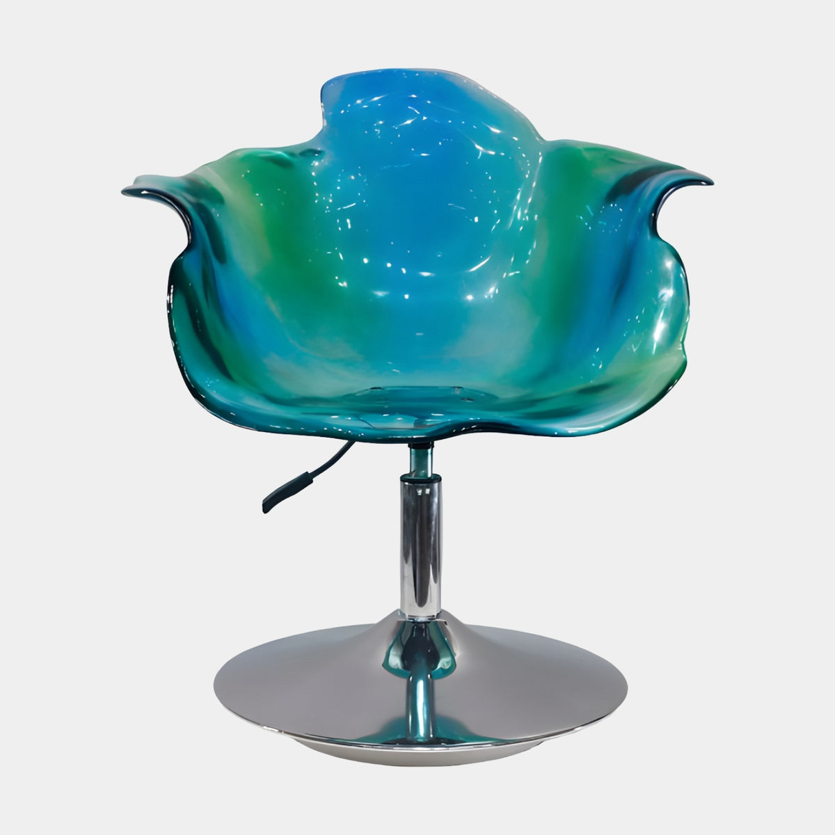 Blue to Green Petal Acrylic Swivel Chair - 74cm, flower-shaped acrylic shell seat on a chrome swivel base, photographed against a plain white background.
