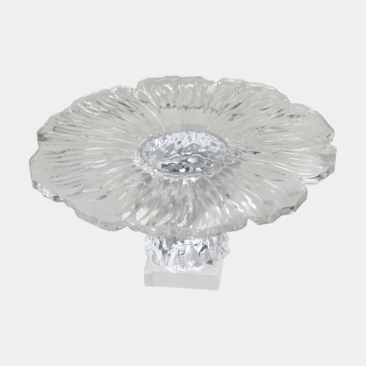 Clear Petalled Resin Flower Bowl - 100cm with ribbed petals, a textured centre, and a short craggy foot on a square base, shown on a plain white background.