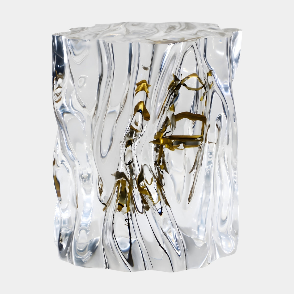 Clear Branch Set Cast Stump Stool (41cm) by Giant Sculptures, a fluted clear resin stump with dark stems and golden leaves clustered at mid-height, shown on a plain white background.
