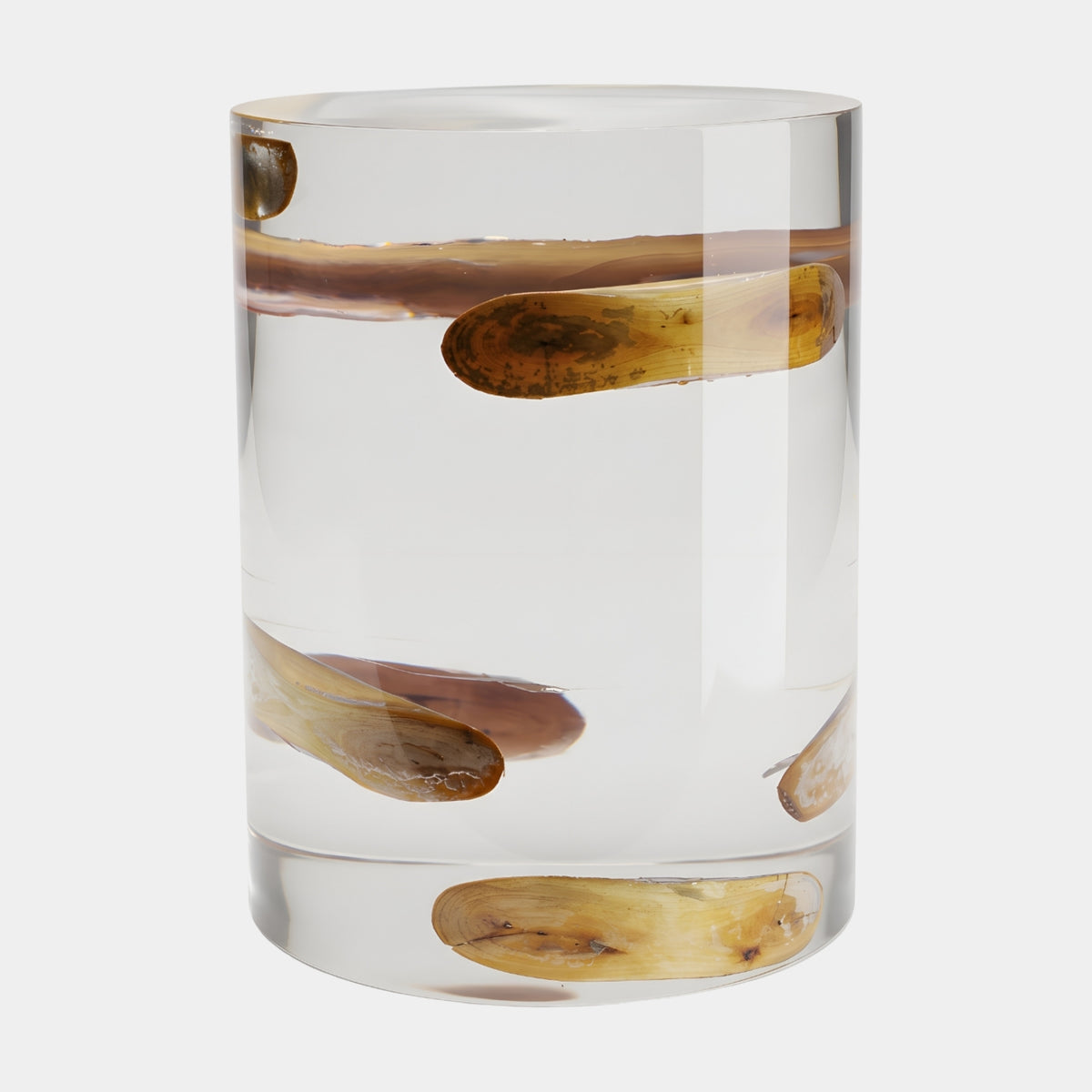 Clear & Honey Timber Inset Resin Stool - 48cm, a clear cylindrical resin stool with peeled honey-toned and reddish brown branch lengths suspended at four levels, shown on a plain white background.
