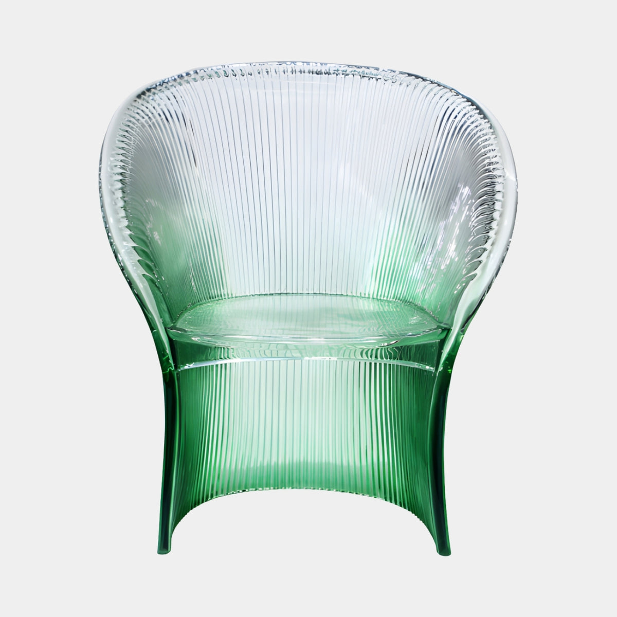 Green to Clear Fluted Shell Resin Armchair, 82cm, with ribbed curved back and arms fading from clear to green, shown on a plain white background.