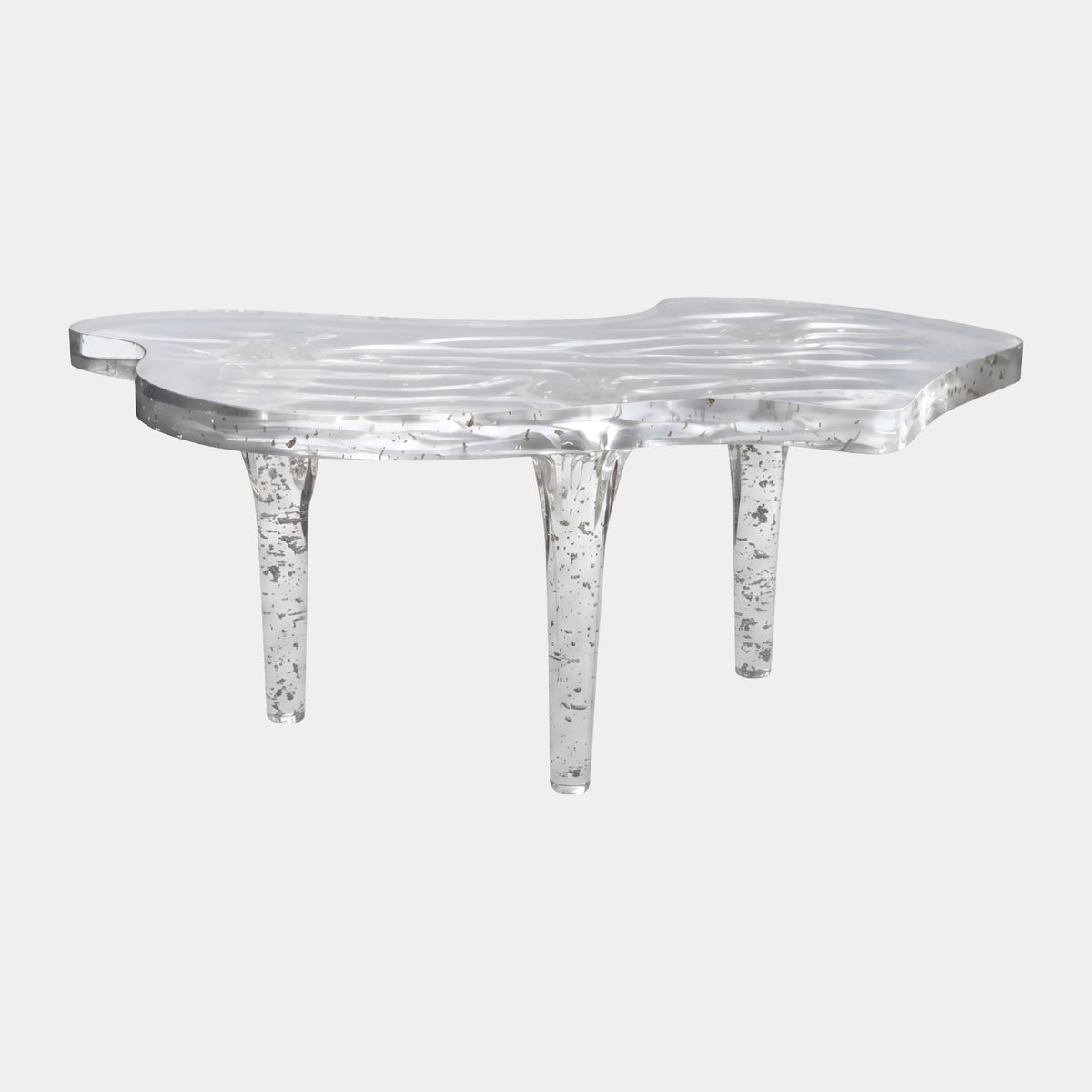Clear Gold Flecked Free-Form Resin Table - 158cm with rippled organic top, gold flecks throughout, and three tapered legs, shown on a plain white background.