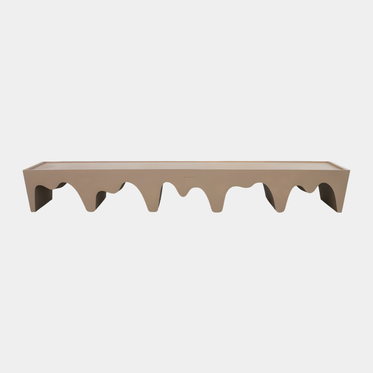 Beige Dripping Arch Oak Bench - 400cm with a row of rounded arches and dripping timber details, matte beige finish, shown on a plain white background.