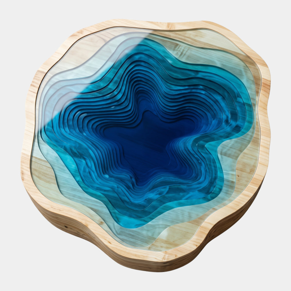 Blue Terraced Lagoon Lobed Resin & Wood Low Table - 100cm