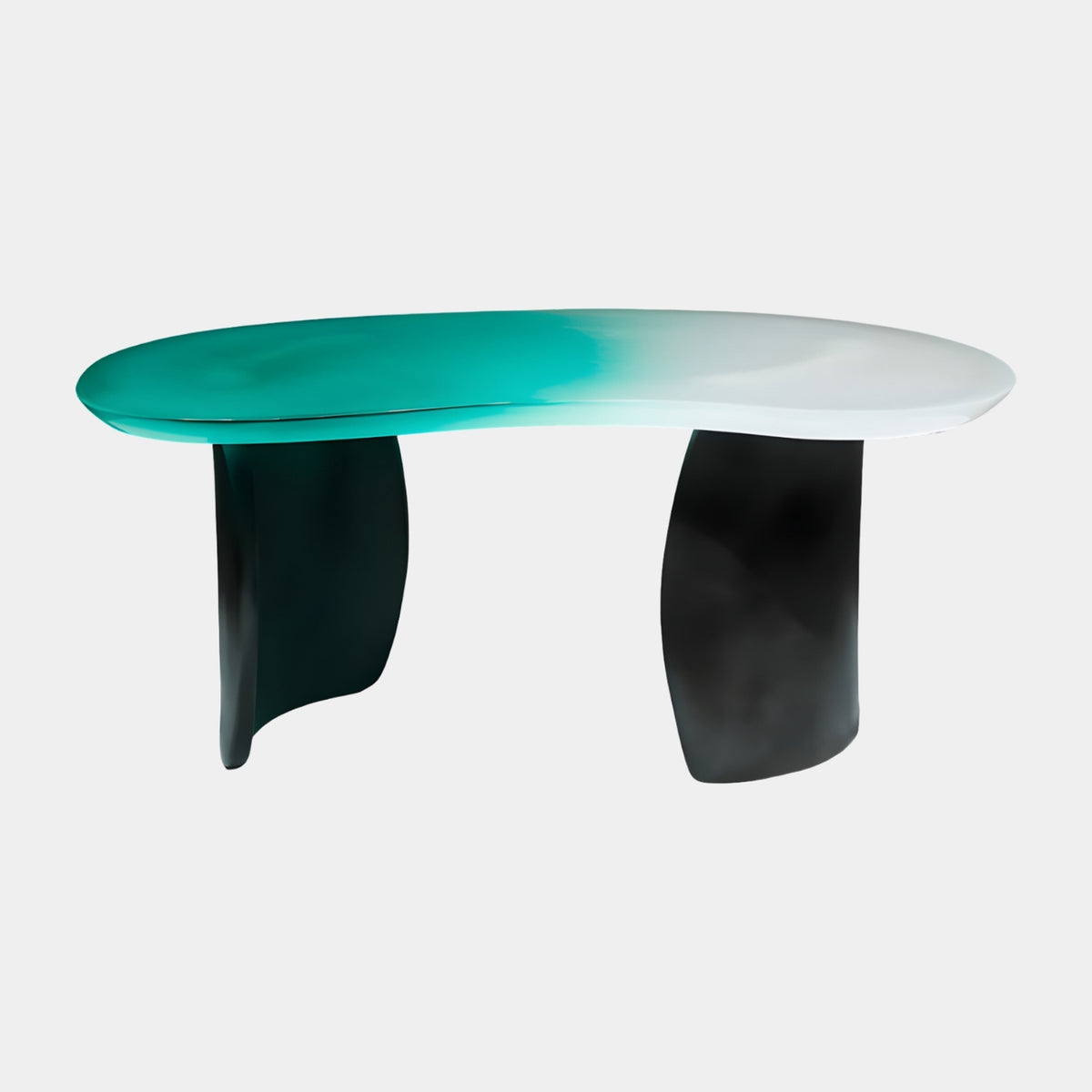 Green Gradient Kidney Resin Coffee Table (97cm) with a jade-to-white gradient top on curved near-black blade legs, shown on a plain white background.