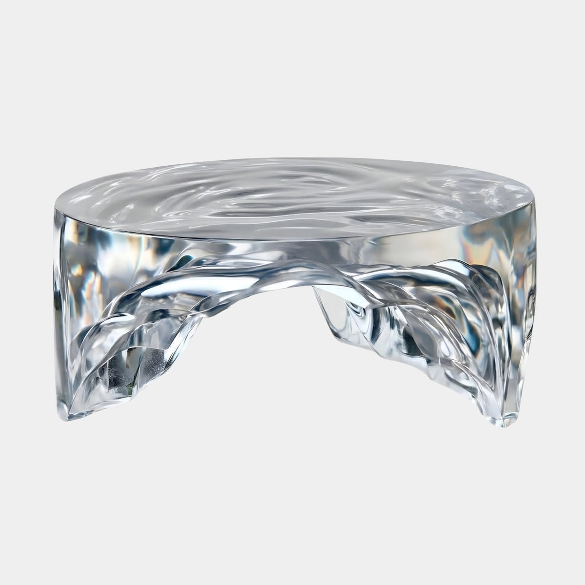 Clear Wave Fold Resin Coffee Table, 110cm, with rippled round top and draped folding base resting on its crests, shown on a plain white background.