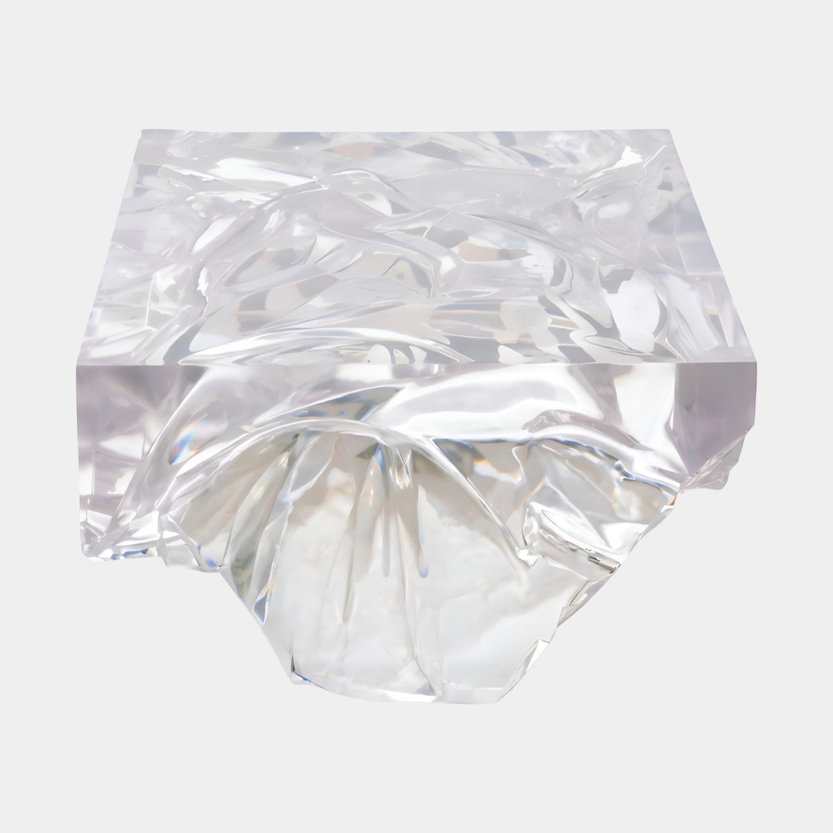 Clear Crumpled Underside Resin Coffee Table, 90cm, with rippled flat top and deeply folded underside resting on its crests, shown on a plain white background.