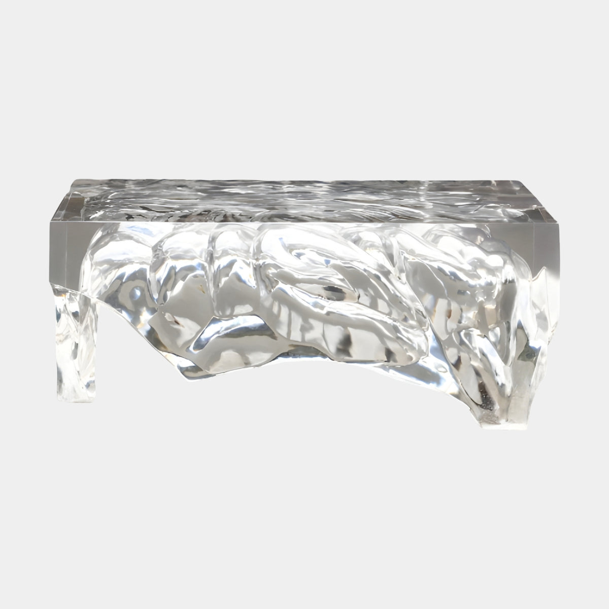 Clear Folded Billet Resin Coffee Table, 100cm, with rippled top and folded, wave-like resin sides, shown on a plain white background.