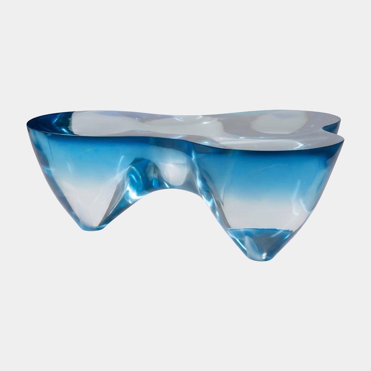 Blue to Clear Twin Funnel Resin Low Table, 103cm, with a peanut-shaped top on two conical funnels fading from deep blue to clear, shown on a plain white background.
