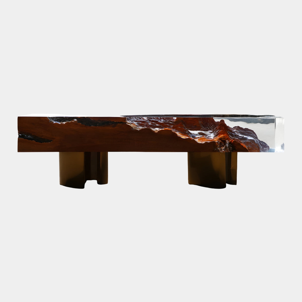 Brown Live-Edge Timber & Clear Resin Bench - 180cm, with grain fading into clear resin on curved brass-finished pedestals, shown on a plain white background.