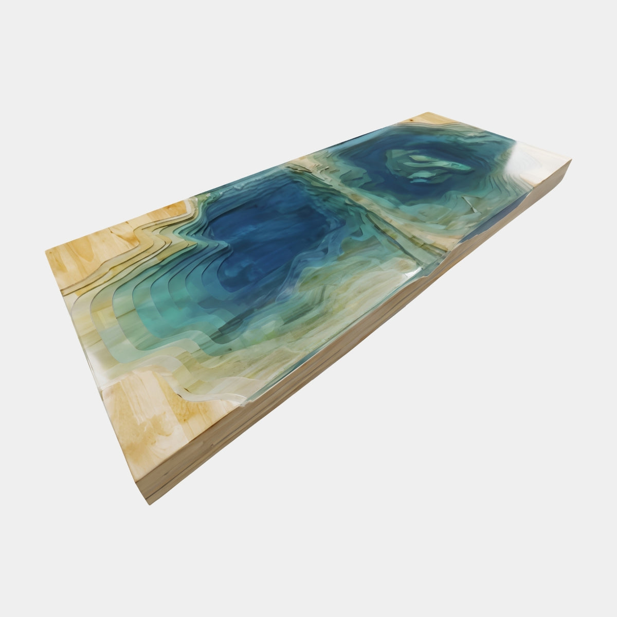 Blue Lagoon Contour Resin & Wood Low Table, 220cm, with pale timber top and two blue-green resin pools in graded rings, shown on a plain white background.