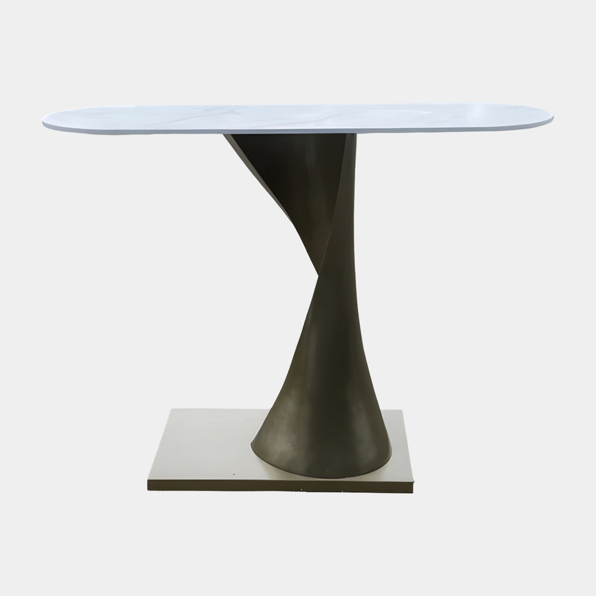 White Marble & Bronze Twist Console Table, 140cm, with a rounded racetrack-shaped marble top on a twisted bronze column base, shown against a plain white background.