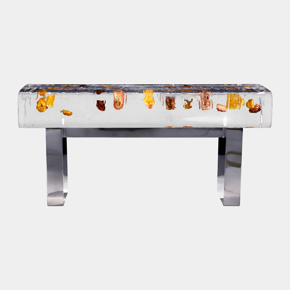 Clear Amber Flake Slab Resin Bench on Polished Steel, 88cm, with amber, orange and red flakes cast in a clear resin seat on a chrome frame, shown on a plain white background.