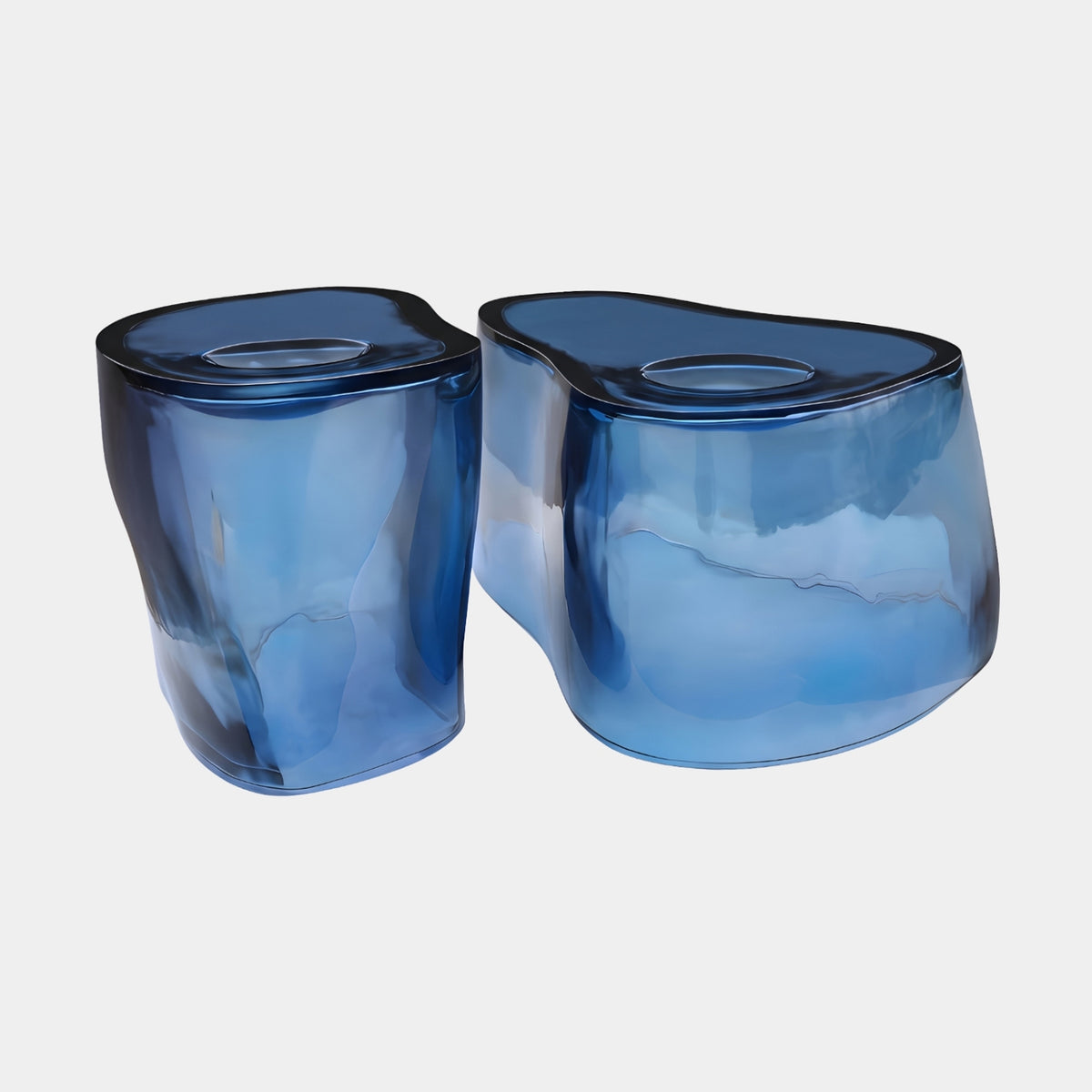 Blue Cloud Cast Resin Side Tables Set of Two - 85cm, two translucent blue organic-shaped resin tables with circular top wells, shown on a plain white background.