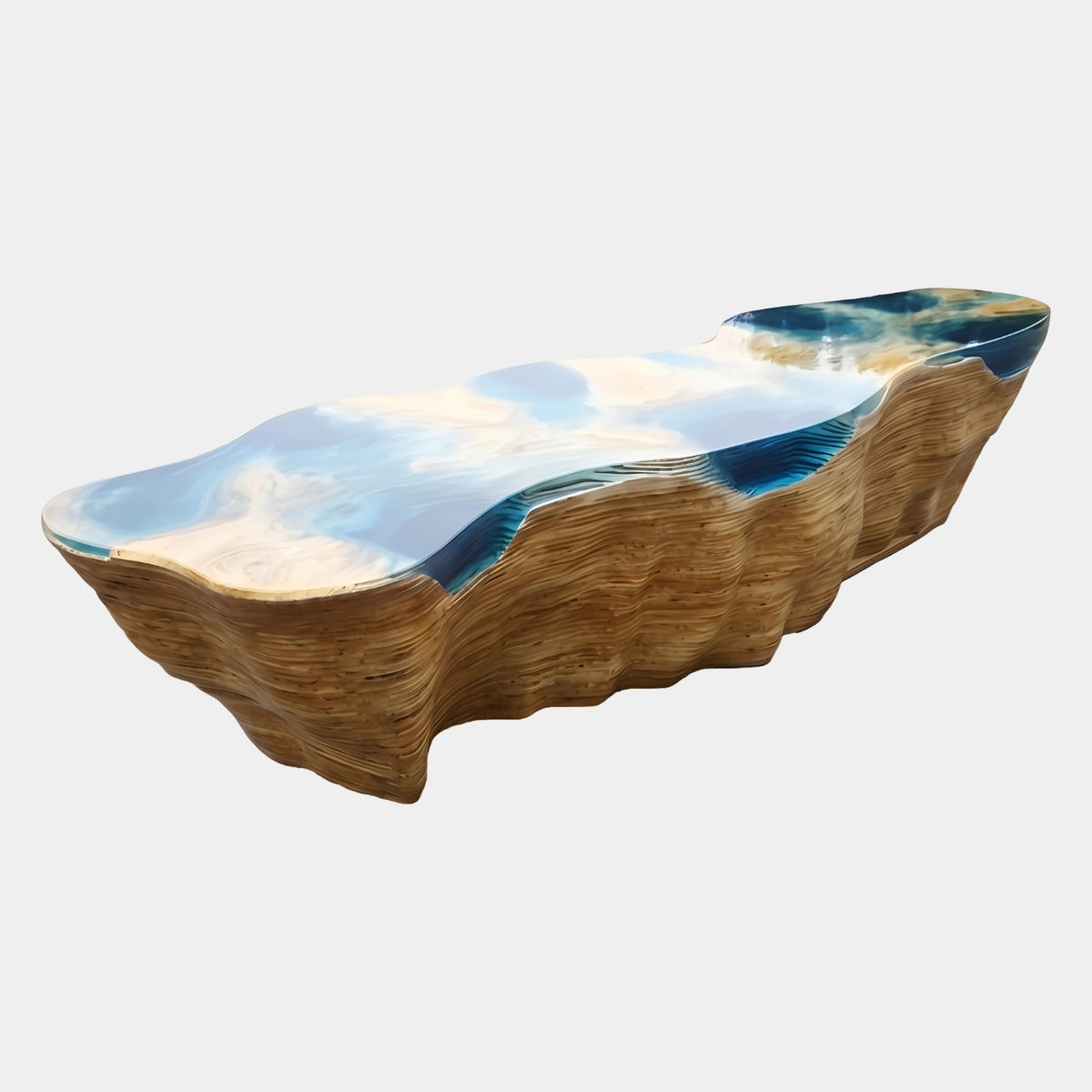 Blue Shoreline Top Layered Timber Table (530cm) with resin coastline top in pale sand and deep blue over a wavy gold timber base, on a plain white background.