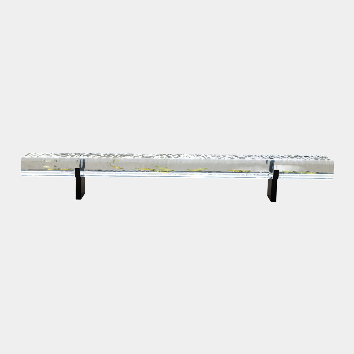 Clear Rippled Resin Bench with Embedded Fish (280cm) on black metal legs, long clear beam with rippled top surface, shown on a plain white background.