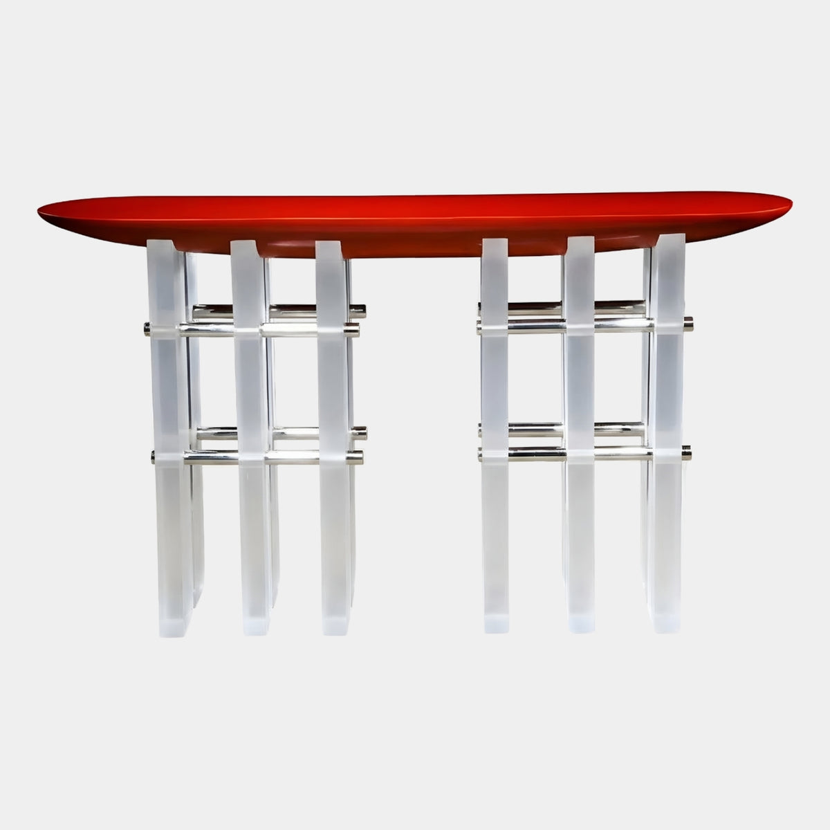 Red Lens Top Acrylic Blade Console Table, 150cm, with gloss red lens-shaped top on six frosted acrylic blades braced by metal rods, shown on a plain white background.