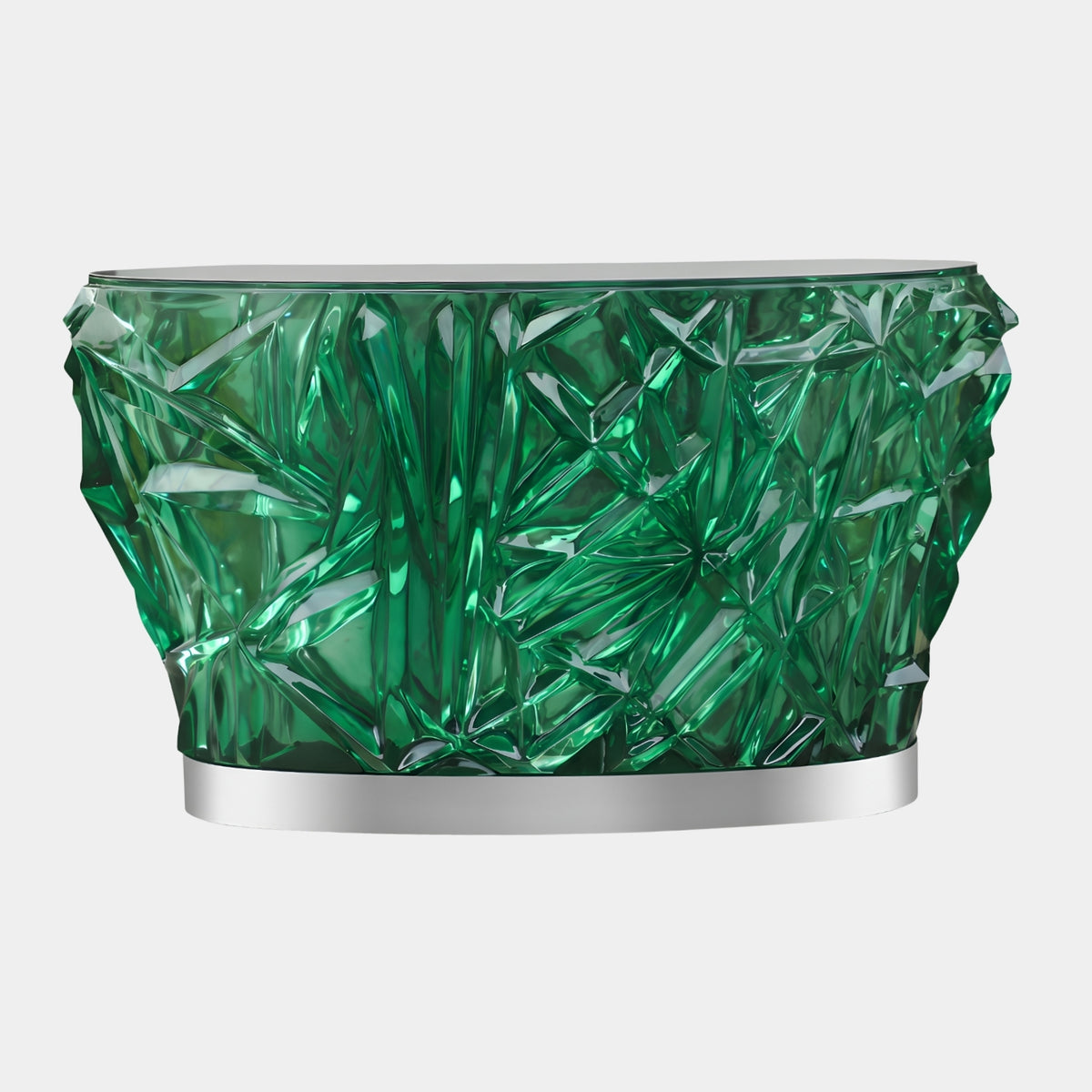 Green Faceted Illuminated Resin Reception Desk, 150cm, with sharp crystal-like facets and a stainless steel base, shown on a plain white background.