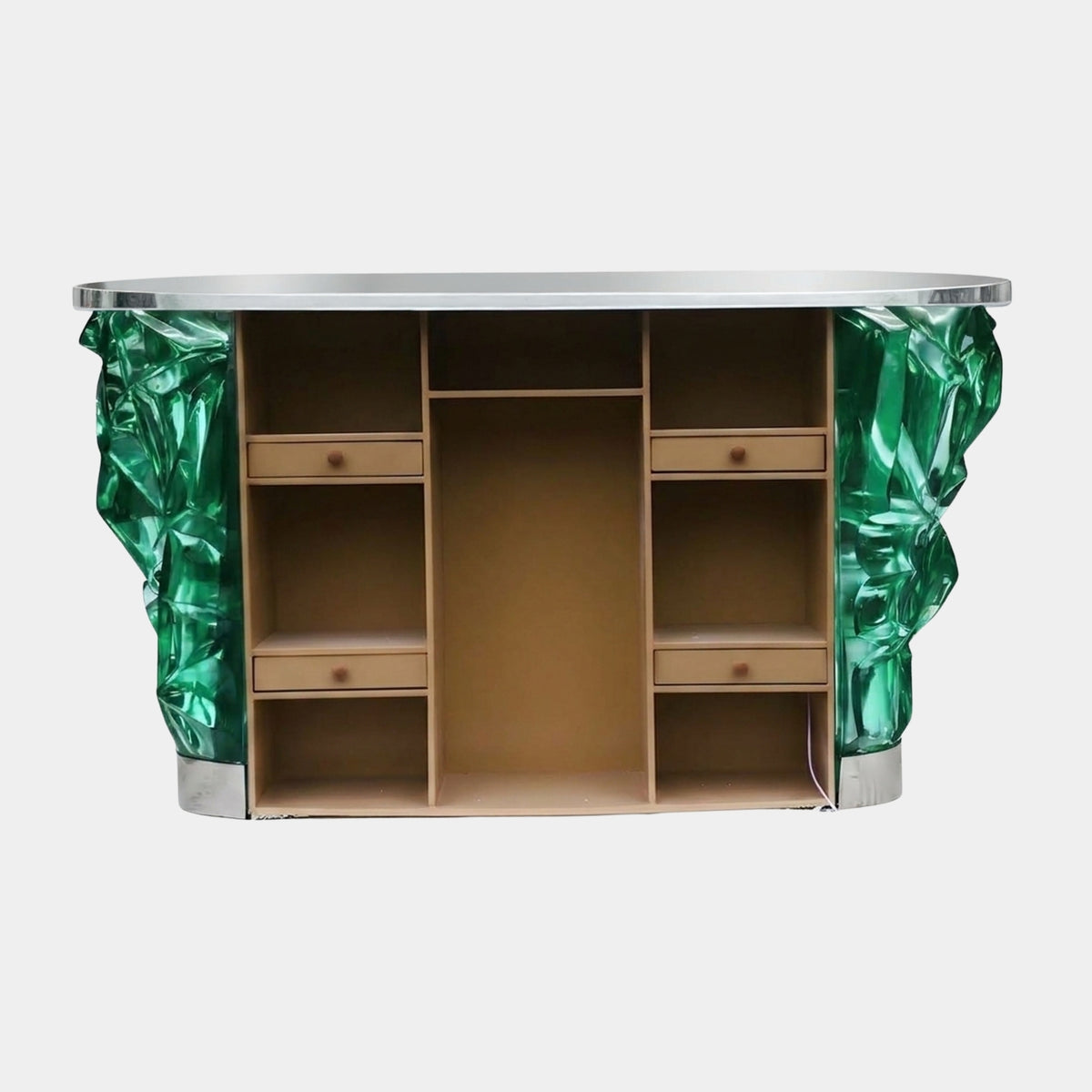 Green Crystalline Wrap Illuminated Reception Desk, 180cm, shown open with beige shelves and drawers exposed, stainless steel top, plain white background.