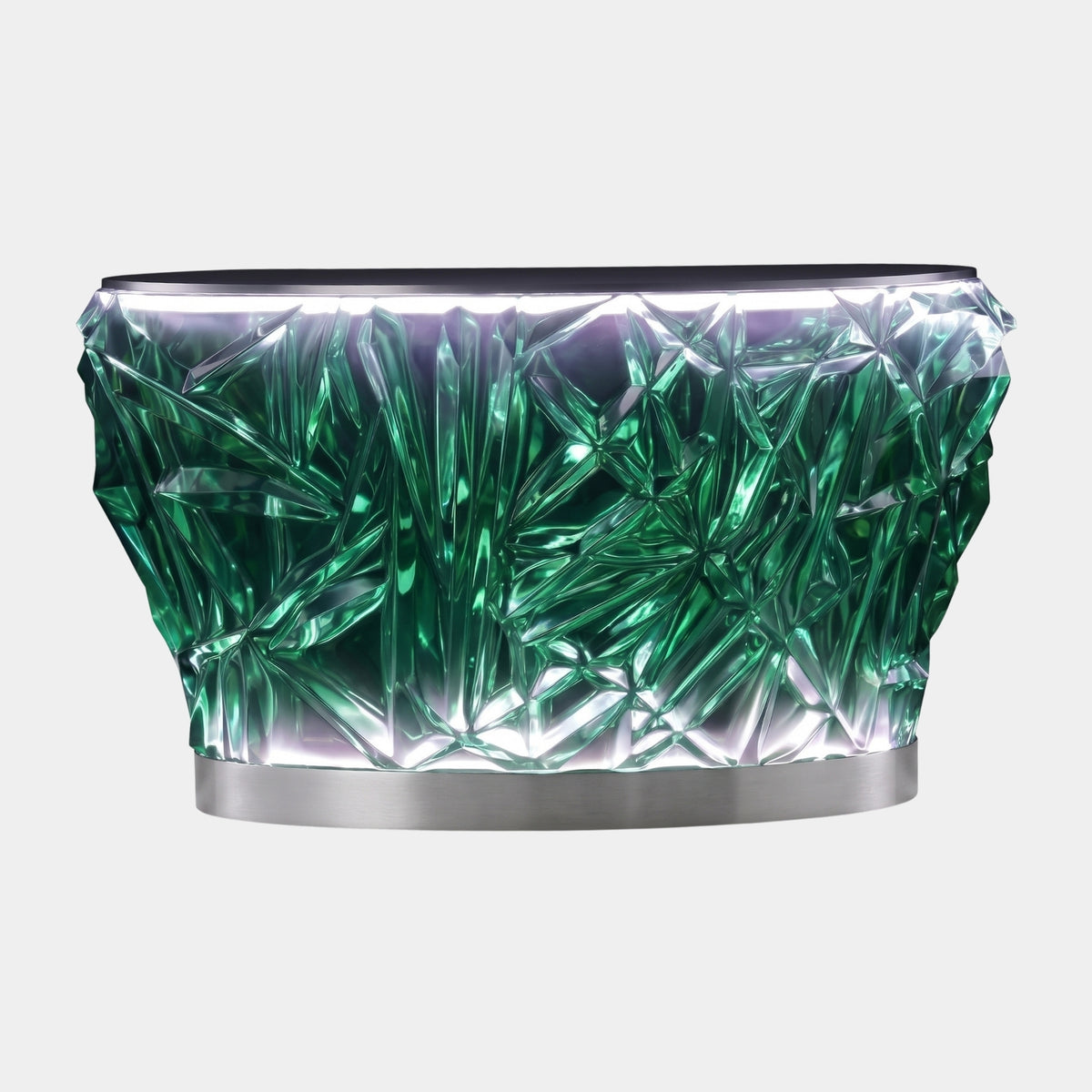 Green Crystalline Wrap Illuminated Reception Desk, 180cm, with faceted resin front lit from within, stainless steel base, on a plain white background.