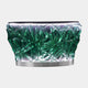 Green Crystalline Wrap Illuminated Reception Desk, 180cm, with faceted resin front lit from within, stainless steel base, on a plain white background.