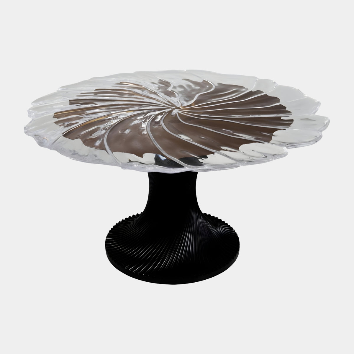 Clear Swirled Petal Resin Round Dining Table, 140cm, with bronze swirl pattern and scalloped rim on a black fluted pedestal base, shown against a plain white background.