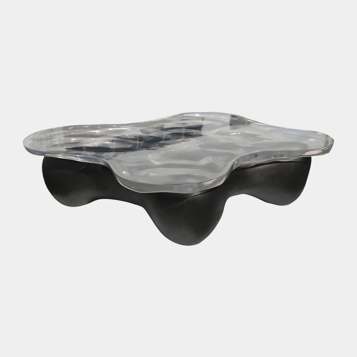 Clear Cloud Top Rippled Resin Low Table, 130cm, with rippled clear resin top in cloud-like lobed outline on a dark grey lobed base, shown on a plain white background.
