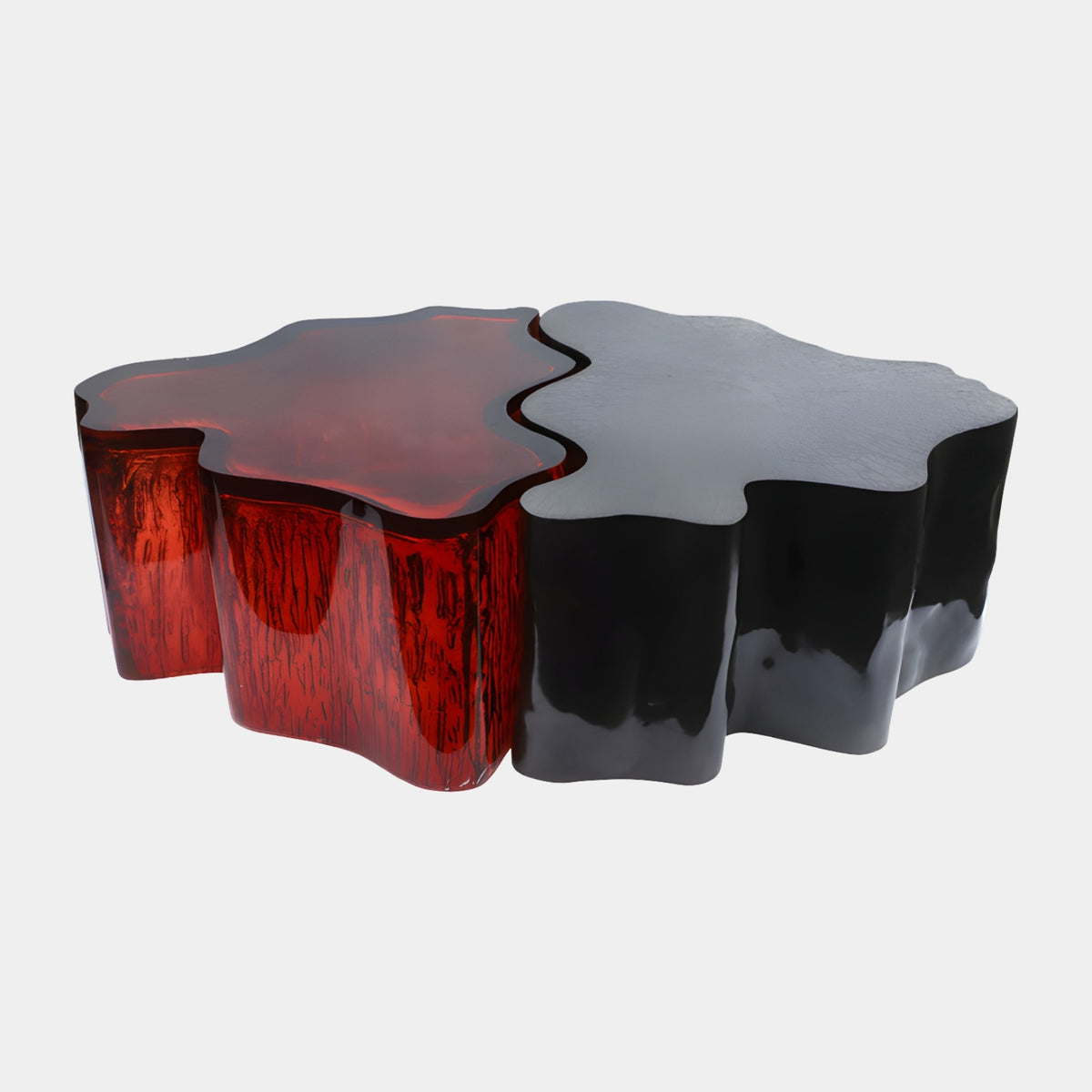 Red & Black Nesting Cloud Side Tables, 130cm, with translucent red bark-textured and glossy black resin forms joined along a wavy line, on a plain white background.