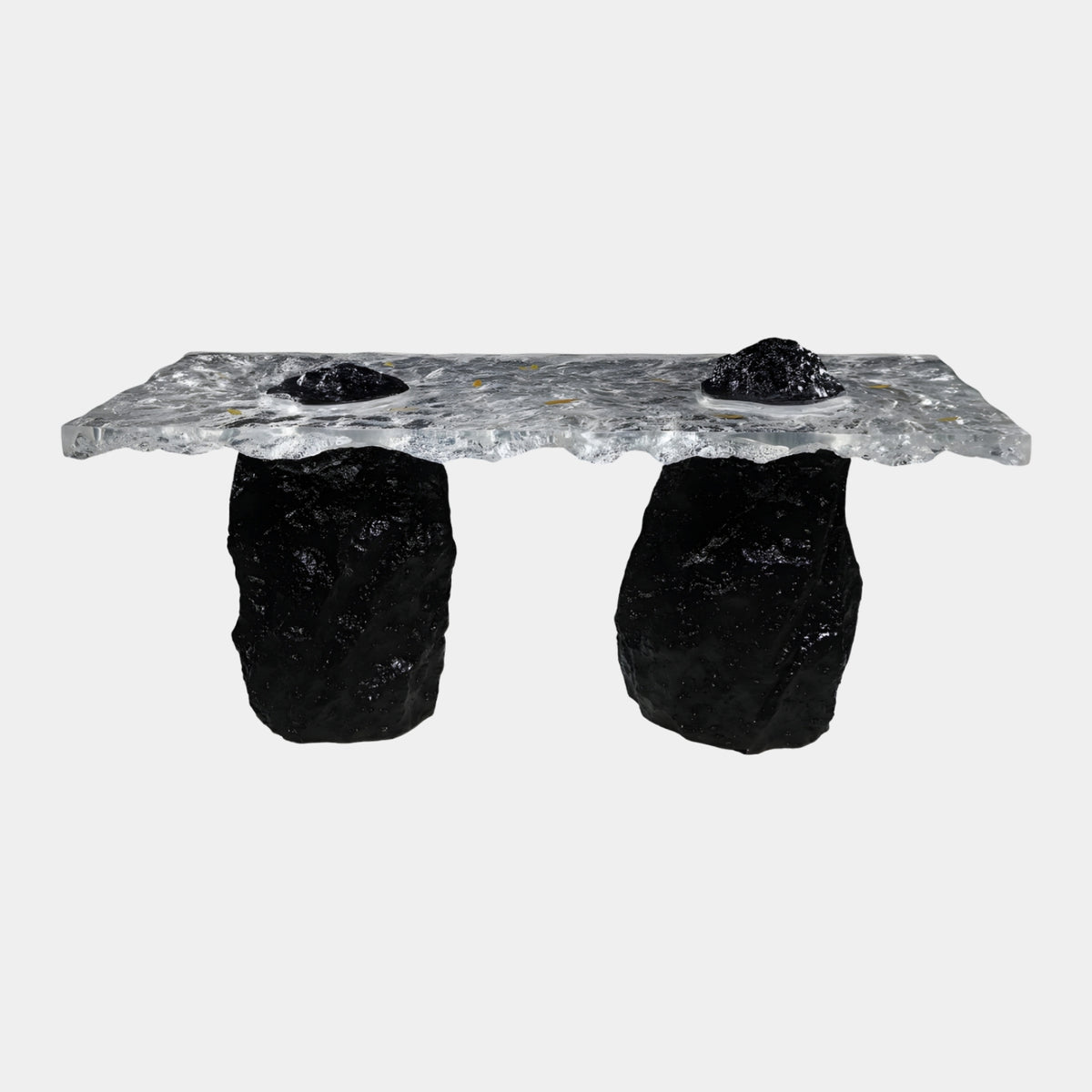Clear Crazed Resin Slab Table with Black Outcrops, 180cm, featuring two black rock-form piers rising through a cracked resin top with gold flecks, on a plain white background.