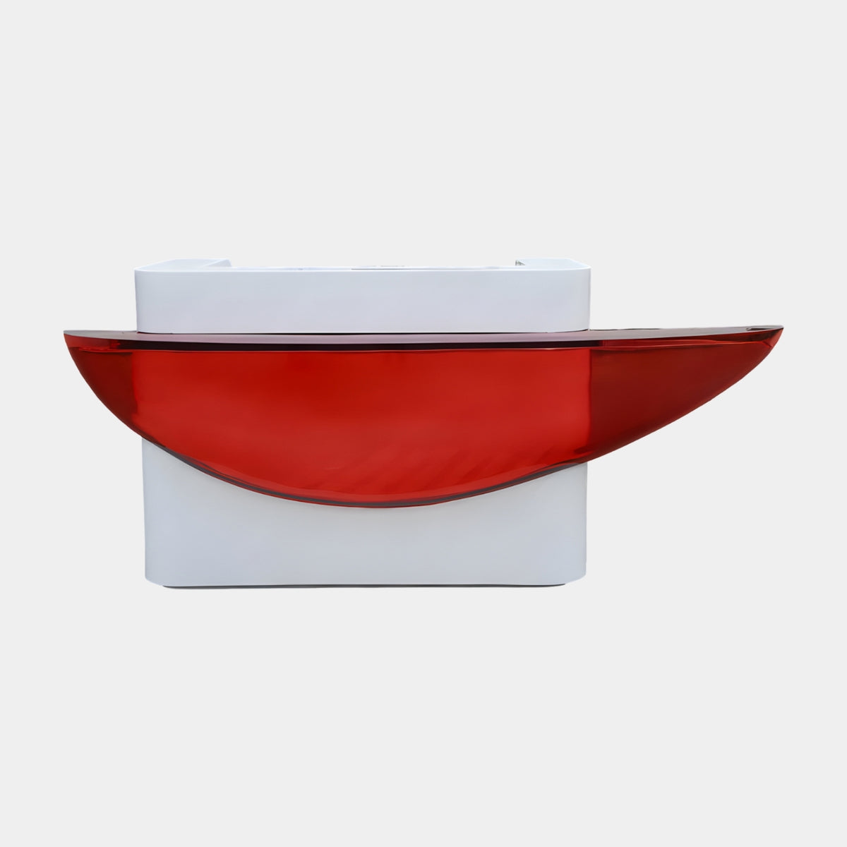 White Marble & Red Resin Curved Reception Desk - 240cm with a boat-like translucent red resin hull over a white marble base, shown on a plain light background.