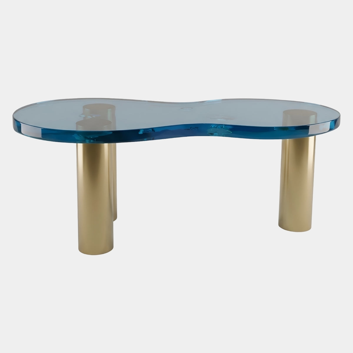 Blue Peanut Top Resin Console Table - 150cm with a translucent blue, pinched-waist top on cylindrical brass-finished legs, shown on a plain white background.