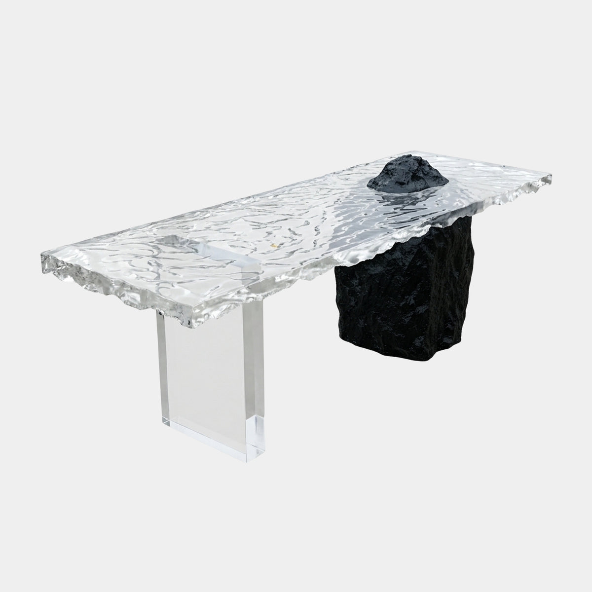 Rippled Clear Slab & Rock Plinth Resin Console - 220cm