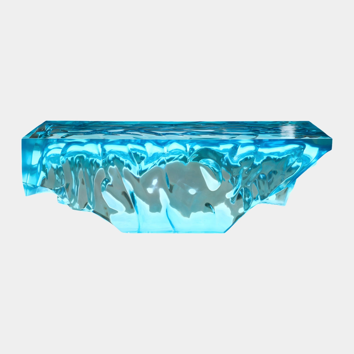 Aqua Melt Form Resin Bench (140cm) by Giant Sculptures, a flat-topped aqua blue resin bench with sculpted, melting column-like base, shown on a plain white background.
