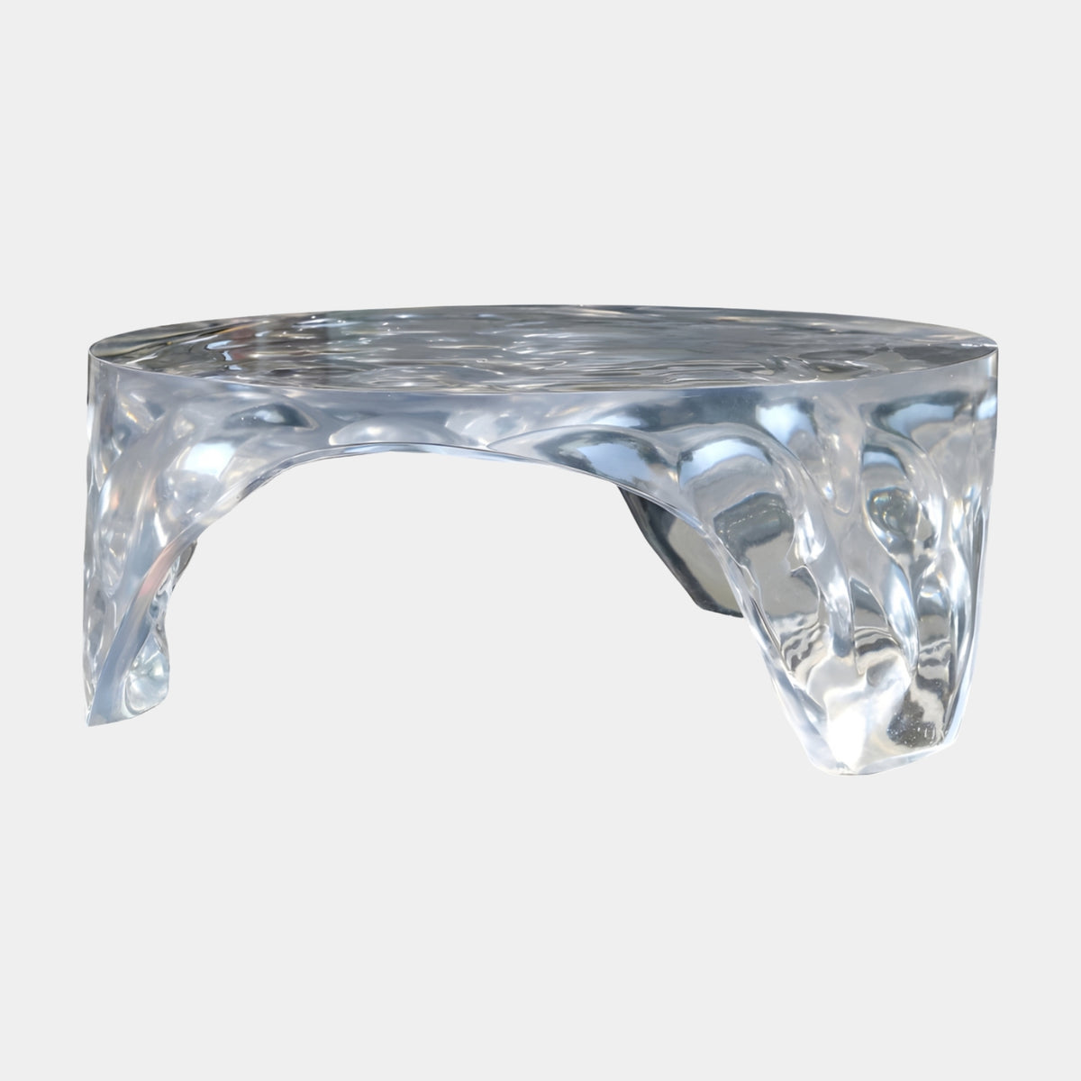 Colourless Drum of Folds Cast Resin Coffee Table (110cm) by Giant Sculptures, clear resin with rippled top and vertical folds forming arched feet, on a plain white background.
